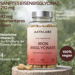 Aavalabs Eisenbisglycinat mit Vitamin C | Hochdosiert für Eisenmangel | 4-Monats-Vorrat> Sale