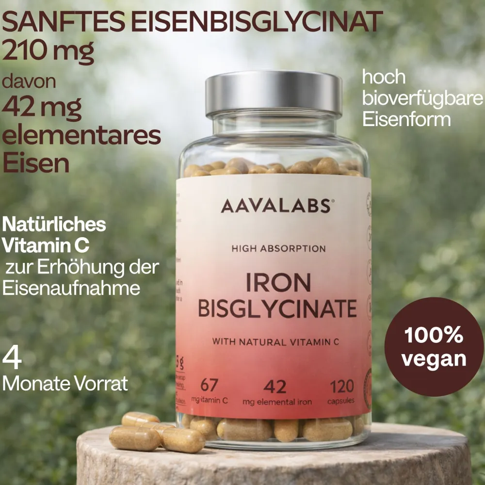 Aavalabs Eisenbisglycinat mit Vitamin C | Hochdosiert für Eisenmangel | 4-Monats-Vorrat> Sale