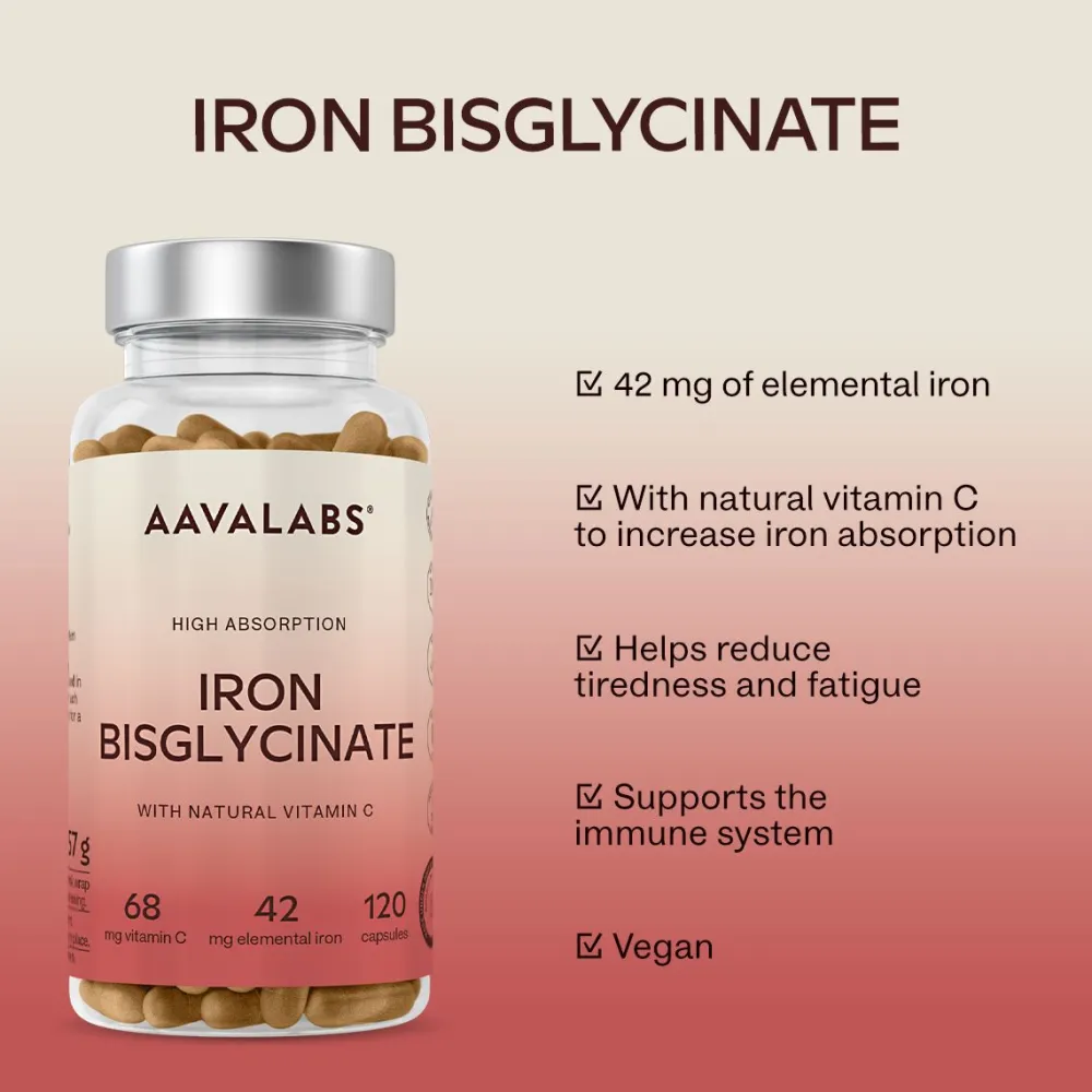 Aavalabs Eisenbisglycinat mit Vitamin C | Hochdosiert für Eisenmangel | 4-Monats-Vorrat> Sale