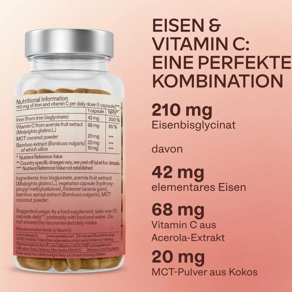 Aavalabs Eisenbisglycinat mit Vitamin C | Hochdosiert für Eisenmangel | 4-Monats-Vorrat> Sale