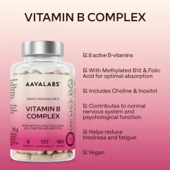 Aavalabs Vitamin B Komplex hochdosiert | Vegan, mit B12, B6, B1, B9 uvm. | 6-Monats-Vorrat| Outlet