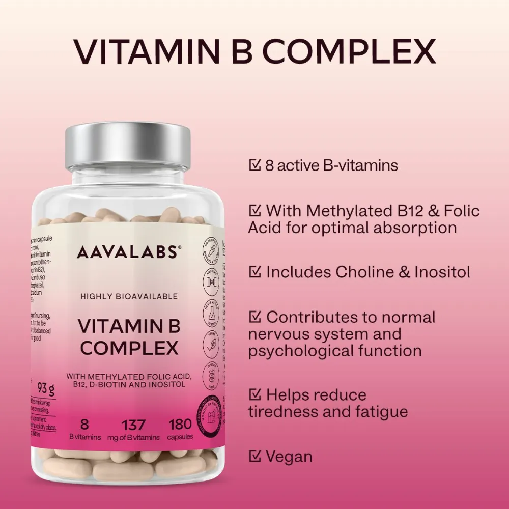 Aavalabs Vitamin B Komplex hochdosiert | Vegan, mit B12, B6, B1, B9 uvm. | 6-Monats-Vorrat| Outlet