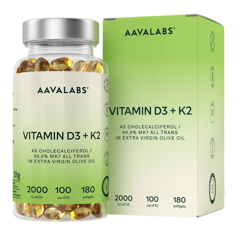 Aavalabs Vitamin D3 K2 2000 IE hochdosiert | Hochdosiert mit Olivenöl | 6-Monats-Vorrat>