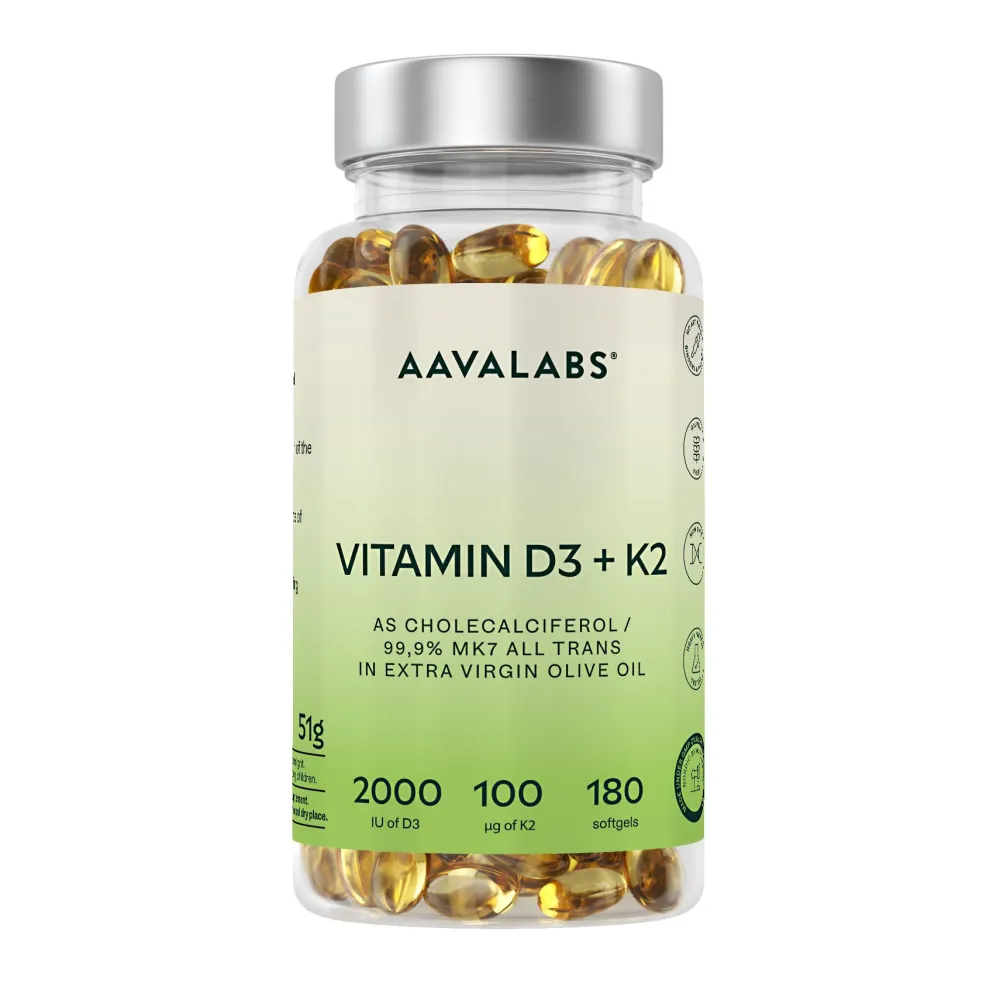 Aavalabs Vitamin D3 K2 2000 IE hochdosiert | Hochdosiert mit Olivenöl | 6-Monats-Vorrat>