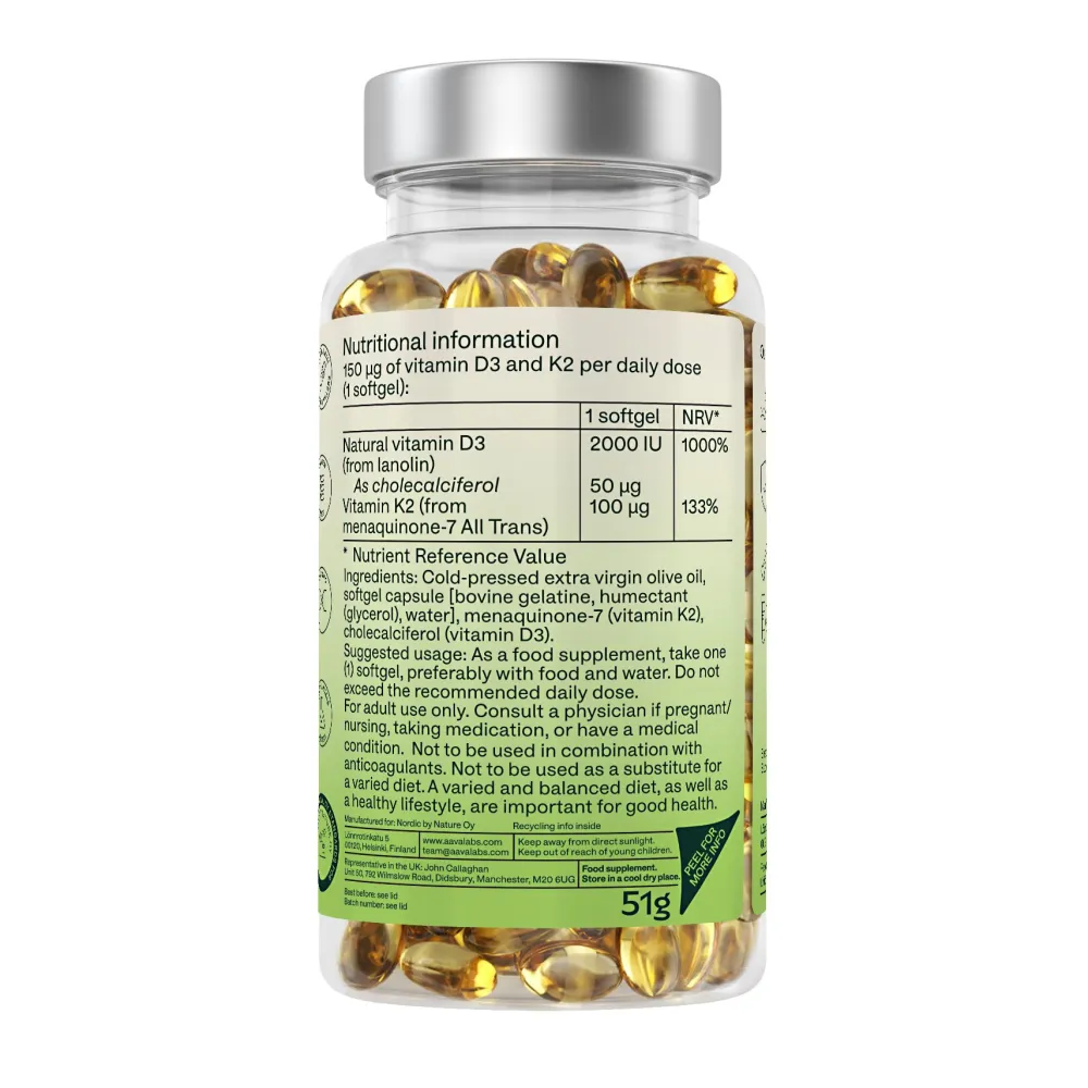 Aavalabs Vitamin D3 K2 2000 IE hochdosiert | Hochdosiert mit Olivenöl | 6-Monats-Vorrat>