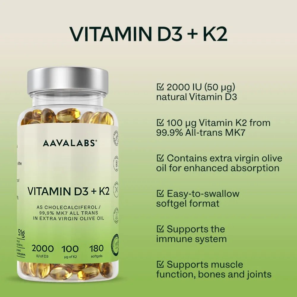 Aavalabs Vitamin D3 K2 2000 IE hochdosiert | Hochdosiert mit Olivenöl | 6-Monats-Vorrat>