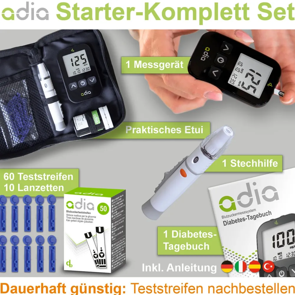 adia Blutzuckermessgeräte-Set (mg/dl) + 60 Teststreifen|diabetikerbedarf Clearance