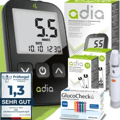 adia Blutzuckermessgerät (mmol/L) + 110 Blutzuckerteststreifen + 110 Lanzetten|diabetikerbedarf Discount