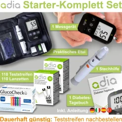 adia Blutzuckermessgerät (mmol/L) + 110 Blutzuckerteststreifen + 110 Lanzetten|diabetikerbedarf Discount