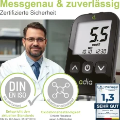 adia Blutzuckermessgerät (mmol/L) + 110 Blutzuckerteststreifen + 110 Lanzetten|diabetikerbedarf Discount