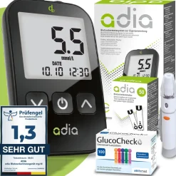 adia Blutzuckermessgerät (mmol/L) + 60 Teststreifen + 110 Lanzetten|diabetikerbedarf Discount