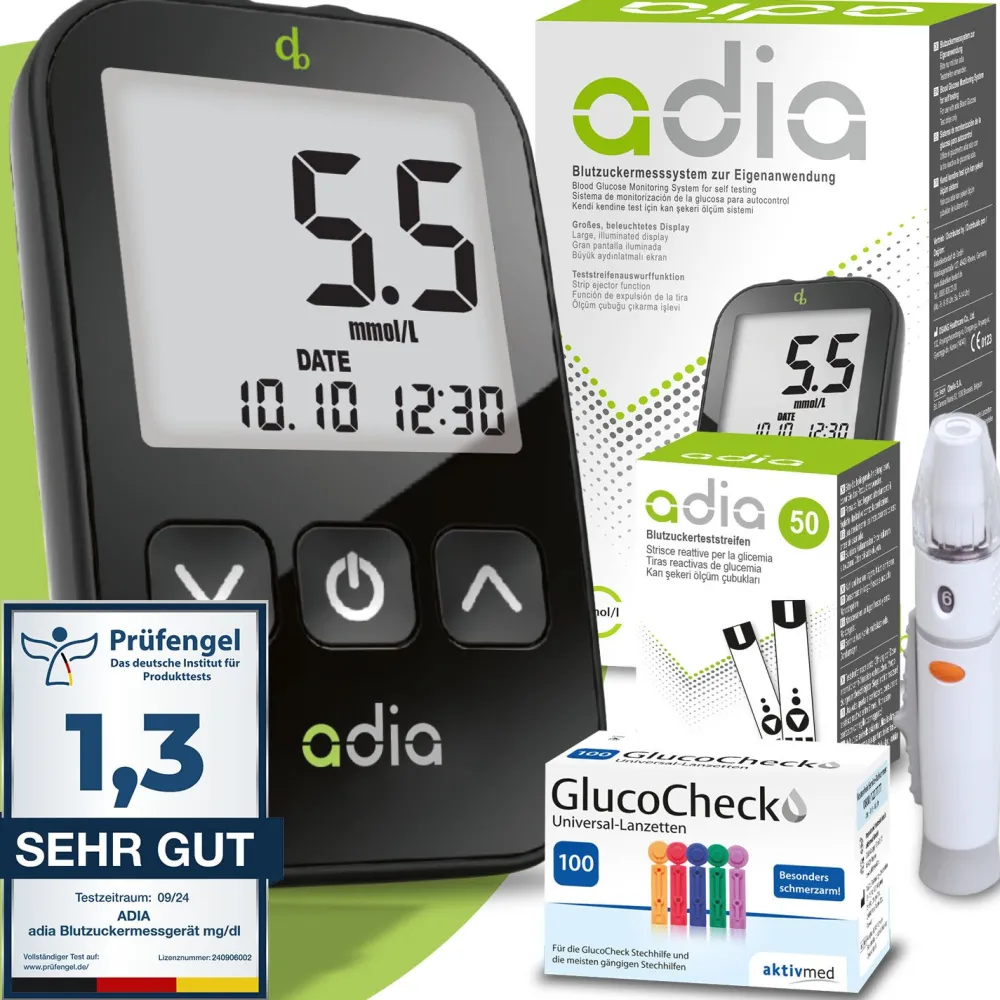 adia Blutzuckermessgerät (mmol/L) + 60 Teststreifen + 110 Lanzetten|diabetikerbedarf Discount