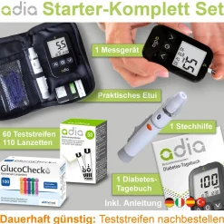 adia Blutzuckermessgerät (mmol/L) + 60 Teststreifen + 110 Lanzetten|diabetikerbedarf Discount