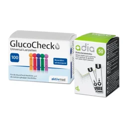 adia Blutzuckerteststreifen, 50 Stück + 100 Universal-Lanzetten|diabetikerbedarf Discount