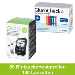 adia Blutzuckerteststreifen, 50 Stück + 100 Universal-Lanzetten|diabetikerbedarf Discount