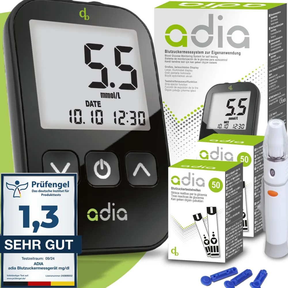 adia Set: Blutzuckermessgerät (mmol/L) + 110 Teststreifen>diabetikerbedarf New