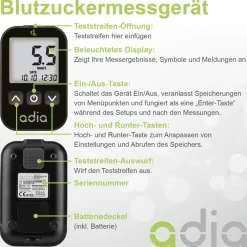 adia Set: Blutzuckermessgerät (mmol/L) + 110 Teststreifen><noscript><img width=