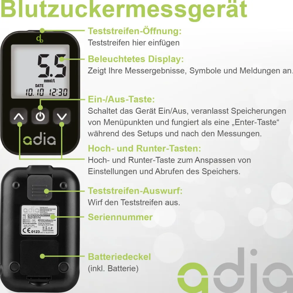 adia Set: Blutzuckermessgerät (mmol/L) + 110 Teststreifen>diabetikerbedarf New