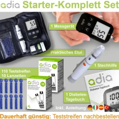 adia Set: Blutzuckermessgerät (mmol/L) + 110 Teststreifen><noscript><img width=