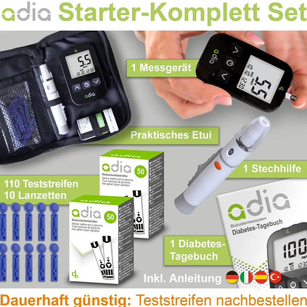 adia Set: Blutzuckermessgerät (mmol/L) + 110 Teststreifen>diabetikerbedarf New