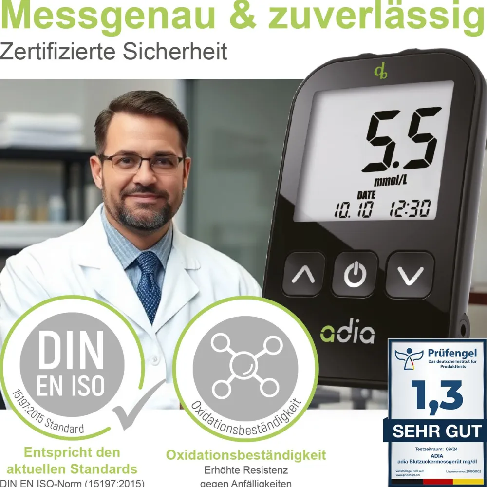 adia Set: Blutzuckermessgerät (mmol/L) + 110 Teststreifen>diabetikerbedarf New