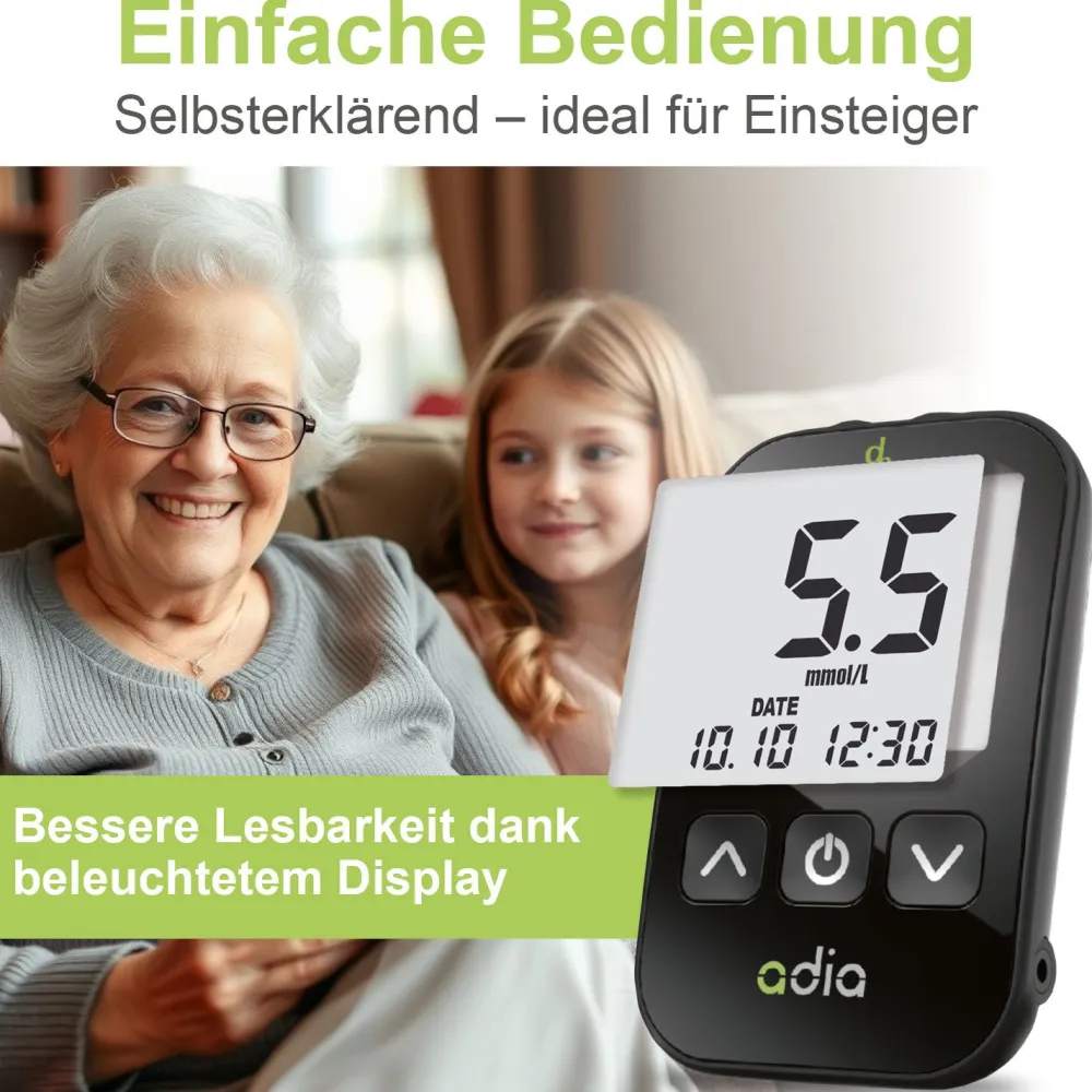 adia Set: Blutzuckermessgerät (mmol/L) + 110 Teststreifen>diabetikerbedarf New