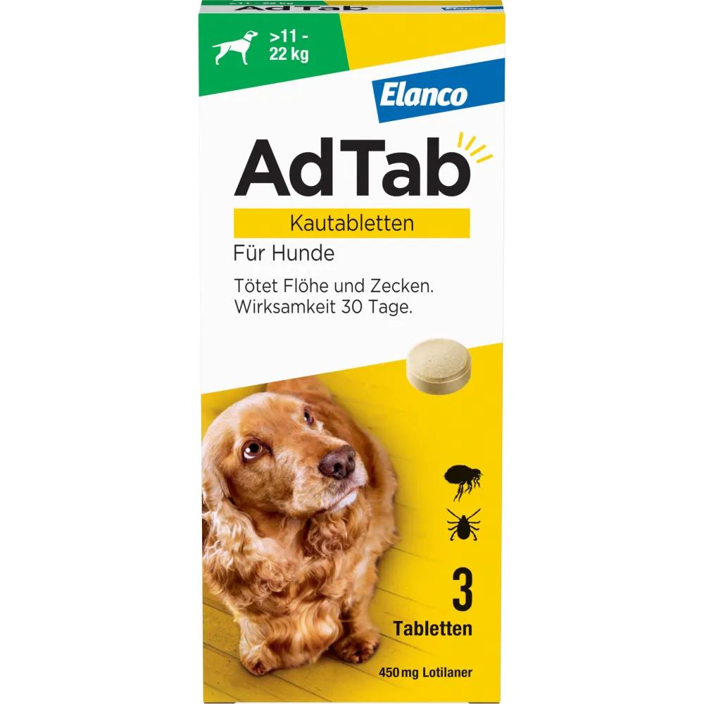 AdTab Kautabletten für Hunde über 11 bis 22 kg gegen Zecken und Flöhe, schnelle Abtötung von Parasiten für die Dauer von einem Monat> Online
