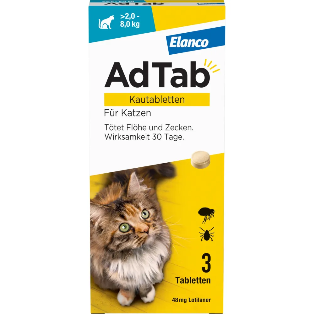AdTab Kautabletten für Katzen über 2 bis 8 kg gegen Zecken und Flöhe, schnelle Abtötung von Parasiten für die Dauer von einem Monat> Clearance
