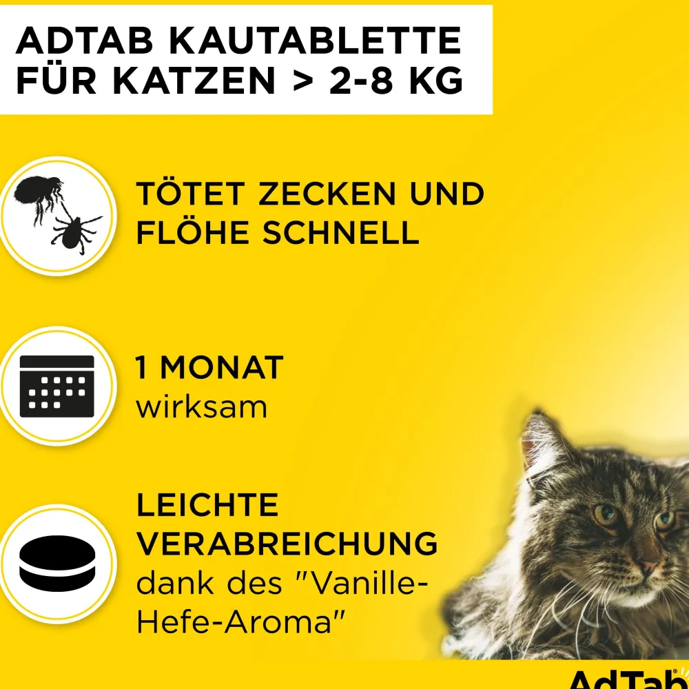 AdTab Kautabletten für Katzen über 2 bis 8 kg gegen Zecken und Flöhe, schnelle Abtötung von Parasiten für die Dauer von einem Monat> Clearance