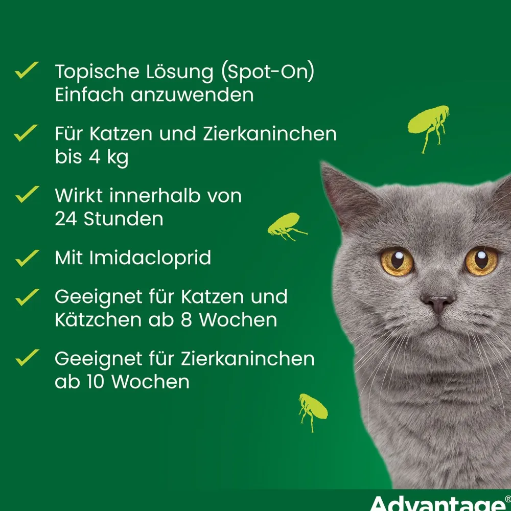 Spot-On 40 gegen Flöhe für kleine Katzen und Zierkaninchen bis 4 kg Körpergewicht, schneller und effektiver Flohschutz|Advantage New