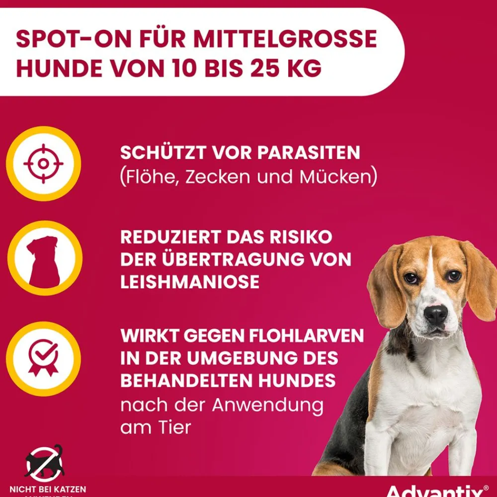 Advantix Spot-On 250 für mittelgroße Hunde von 10 bis 25 kg Körpergewicht gegen Zecken, Flöhe und fliegende Insekten, bis zu 4 Wochen Wirksamkeit| Online