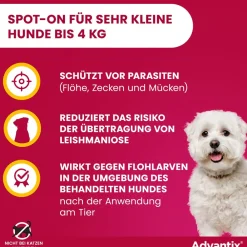 Advantix Spot-On 40 für sehr kleine Hunde bis 4 kg Körpergewicht gegen Zecken, Flöhe und fliegende Insekten, bis zu 4 Wochen Wirksamkeit| Online