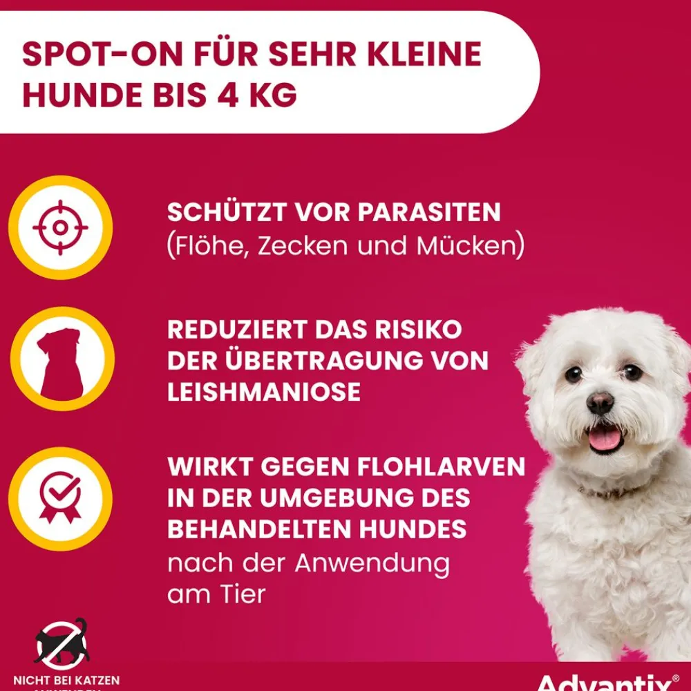Advantix Spot-On 40 für sehr kleine Hunde bis 4 kg Körpergewicht gegen Zecken, Flöhe und fliegende Insekten, bis zu 4 Wochen Wirksamkeit| Online
