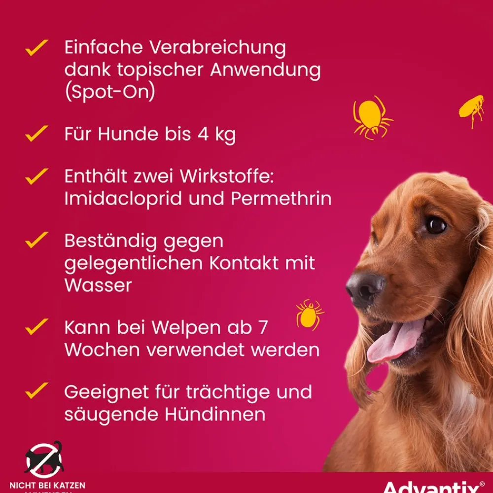 Advantix Spot-On 40 für sehr kleine Hunde bis 4 kg Körpergewicht gegen Zecken, Flöhe und fliegende Insekten, bis zu 4 Wochen Wirksamkeit| Online