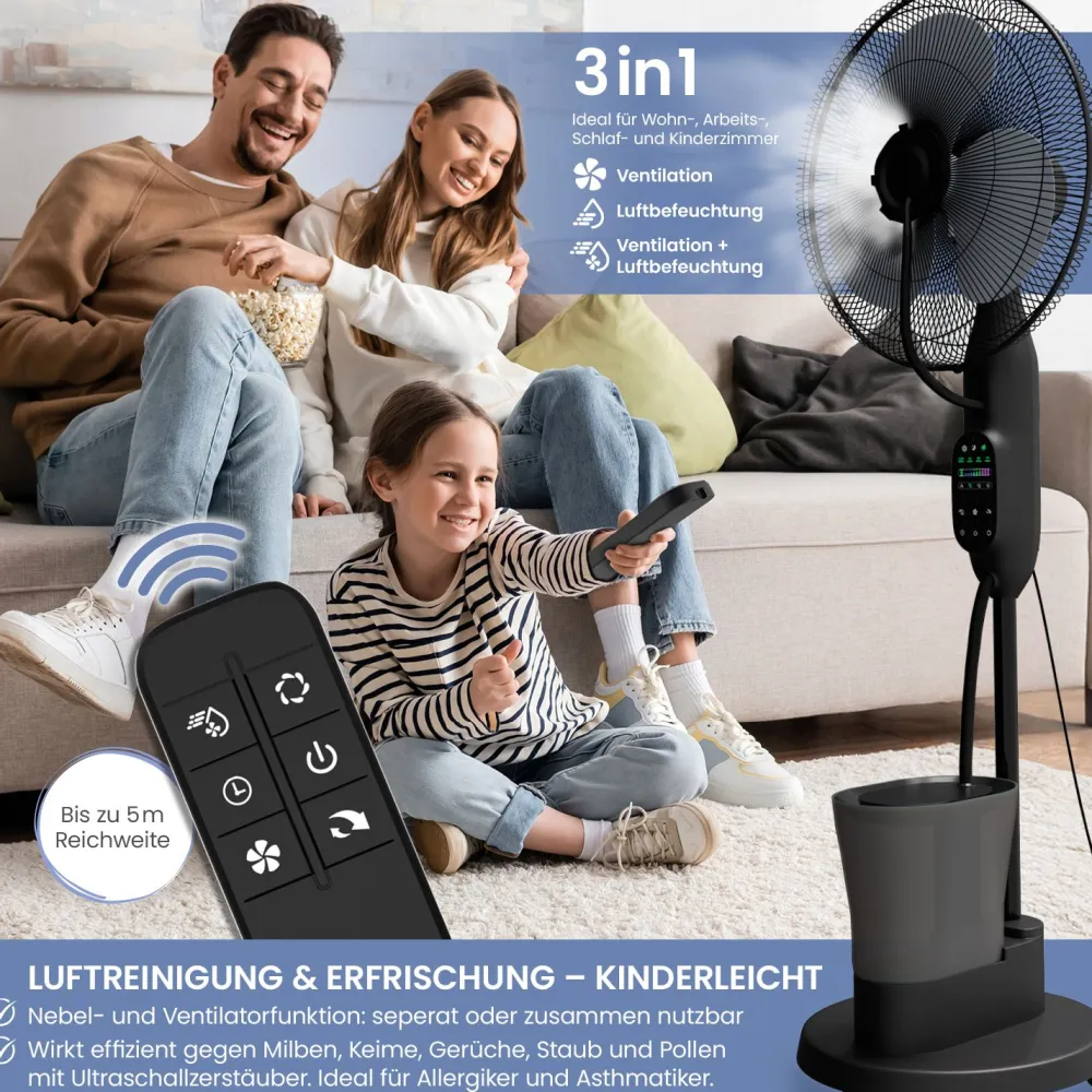 aktimeo Standventilator mit Luftbefeuchtung, Timer, Wassertank, Nebelfunktion| New