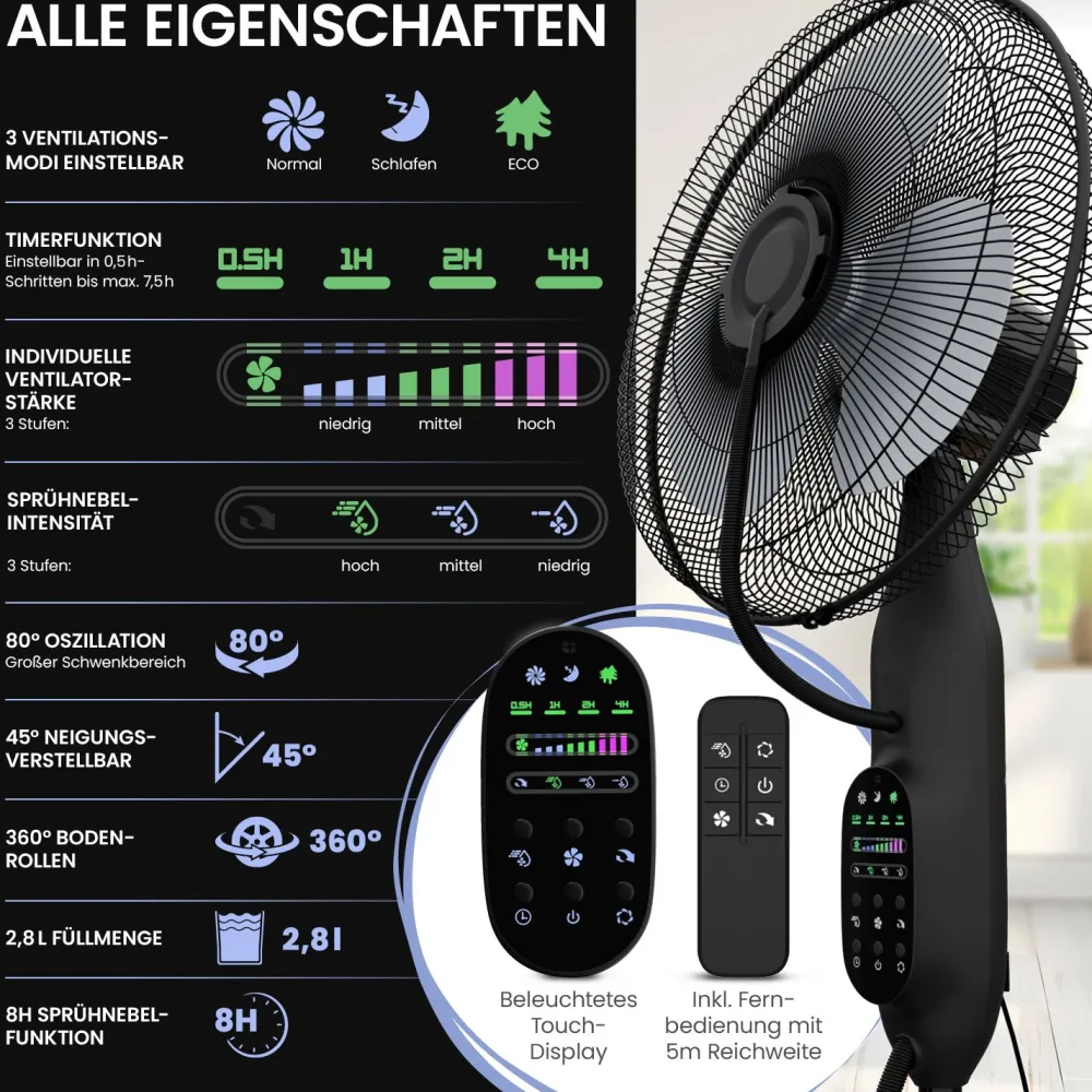aktimeo Standventilator mit Luftbefeuchtung, Timer, Wassertank, Nebelfunktion| New