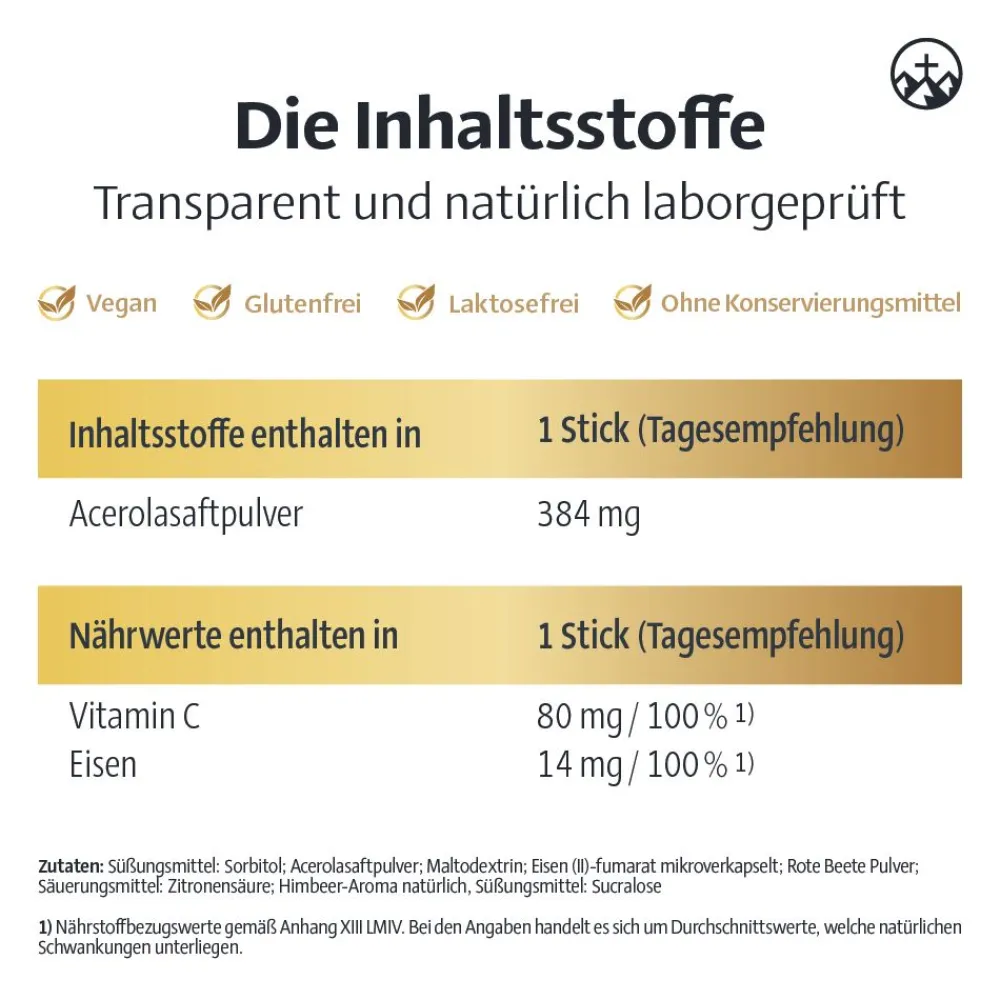 ® Eisen Acerola Sticks unterstützen bei Eisenmangel und Mehrbedarf, ab 10 Jahren geeignet, vegan|Alpinamed