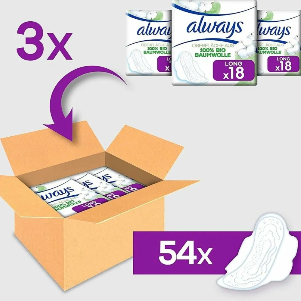 Ultra Binden Damen Gr. 2, Long, 54 Damenbinden mit Flügeln (3 x 18 Stück), Monatspaket, Org>always New