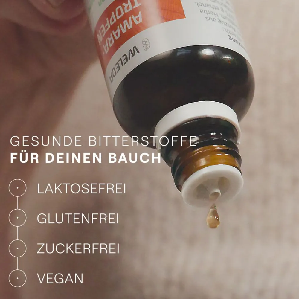 Amara-Tropfen bei Verdauungsstörungen, z.B. Sodbrennen, Übelkeit, Blähungen – mit Bitterstoffen|WELEDA Discount