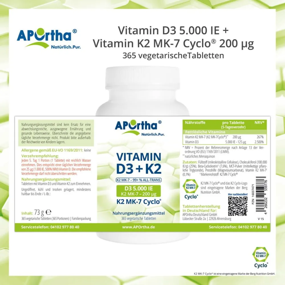 ® Vitamin D3 5.000 IE + Natto Vitamin K2 MK-7 Cyclo® 200 µg Tabletten|Aportha New