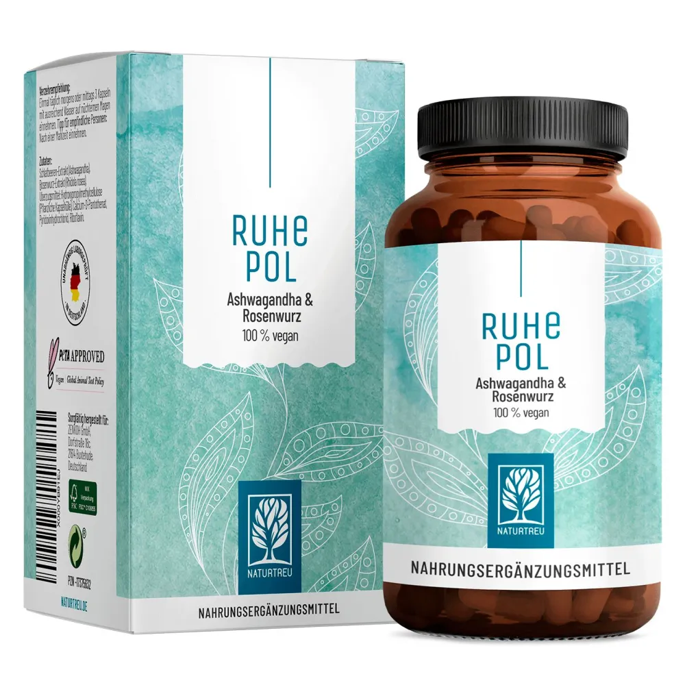 Ashwagandha Komplex 120 vegane Kapseln hochdosiert Rosenwurz Extrakt Ruhepol ®|NATURTREU Outlet