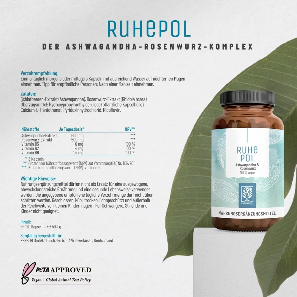 Ashwagandha Komplex 120 vegane Kapseln hochdosiert Rosenwurz Extrakt Ruhepol ®|NATURTREU Outlet