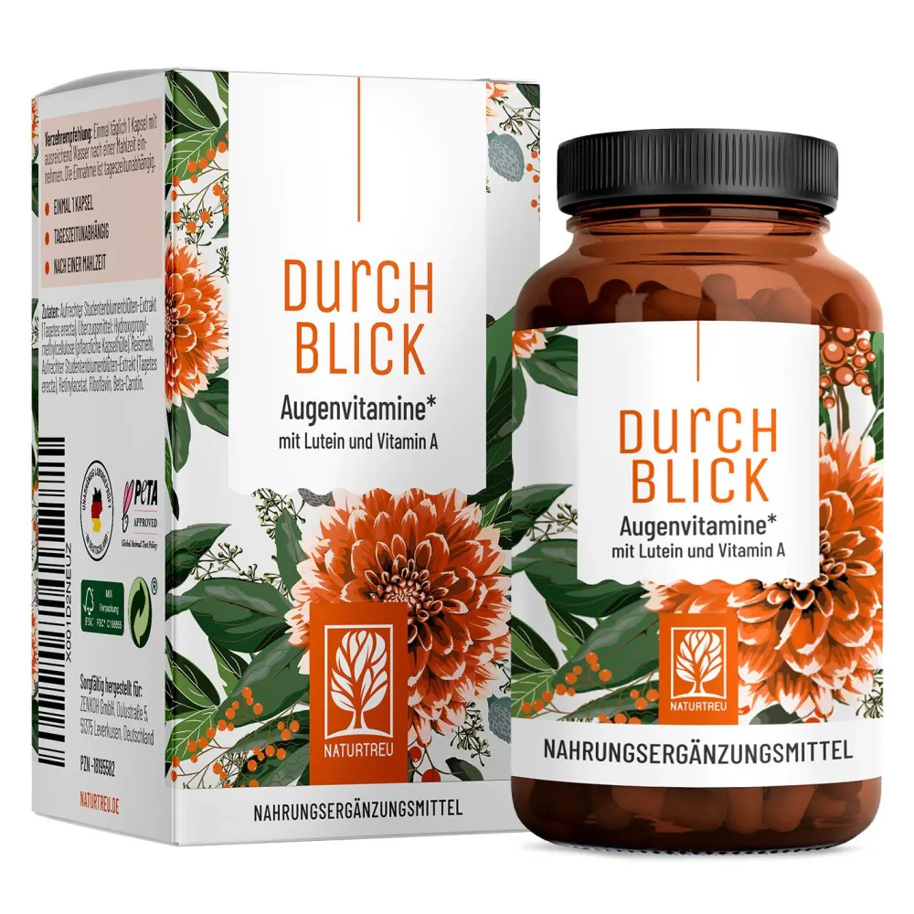 Augenvitamine Lutein Vitamin A Zeaxanthin Komplex 90 vegane Kapseln Durchblick ®>NATURTREU Hot
