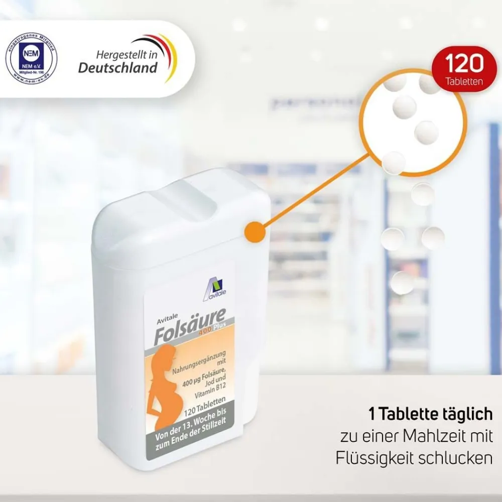 Folsäure 400 Plus Jod+Vitamin B12 ab 13. SSW bis zum Ende der Stillzeit>Avitale Best
