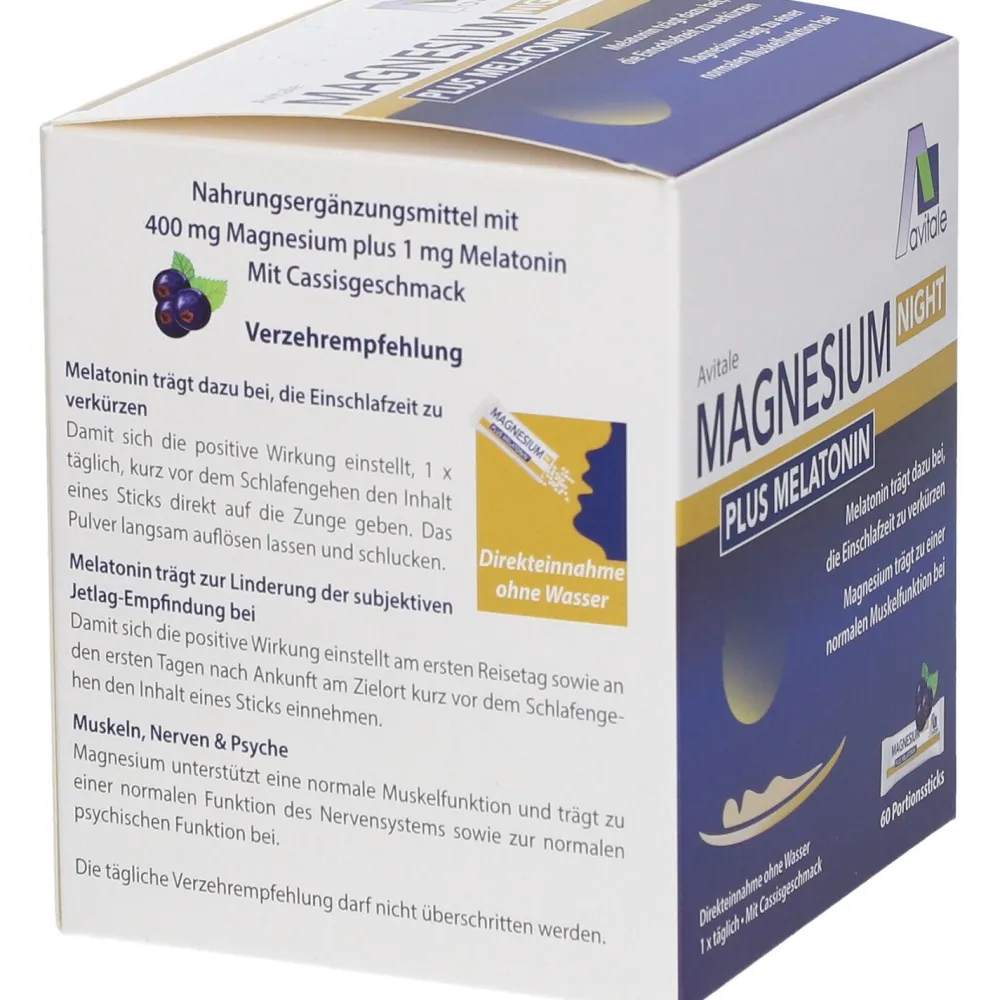 Magnesium Night plus Melatonin (1mg) Direktsticks mit Cassisgeschmack>Avitale Discount