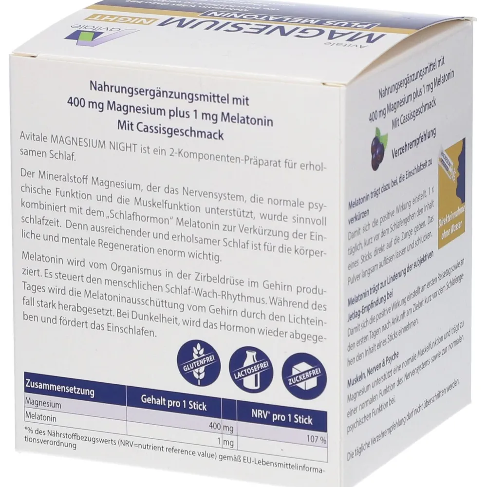 Magnesium Night plus Melatonin (1mg) Direktsticks mit Cassisgeschmack>Avitale Discount