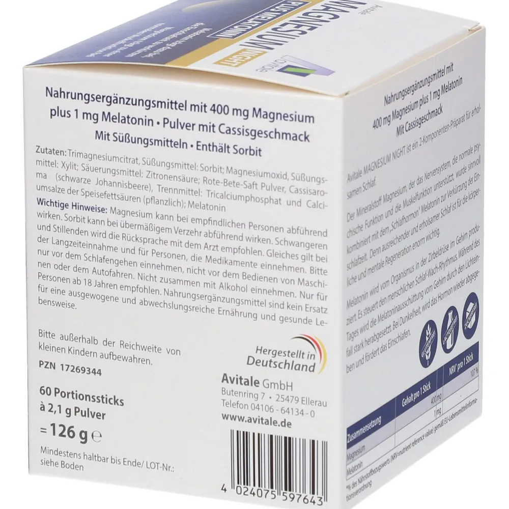 Magnesium Night plus Melatonin (1mg) Direktsticks mit Cassisgeschmack>Avitale Discount