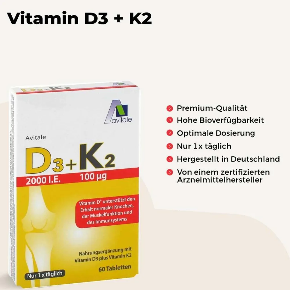 Vitamin D3+K2 Tabletten für Knochen, Muskeln und Immunsystem|Avitale Hot