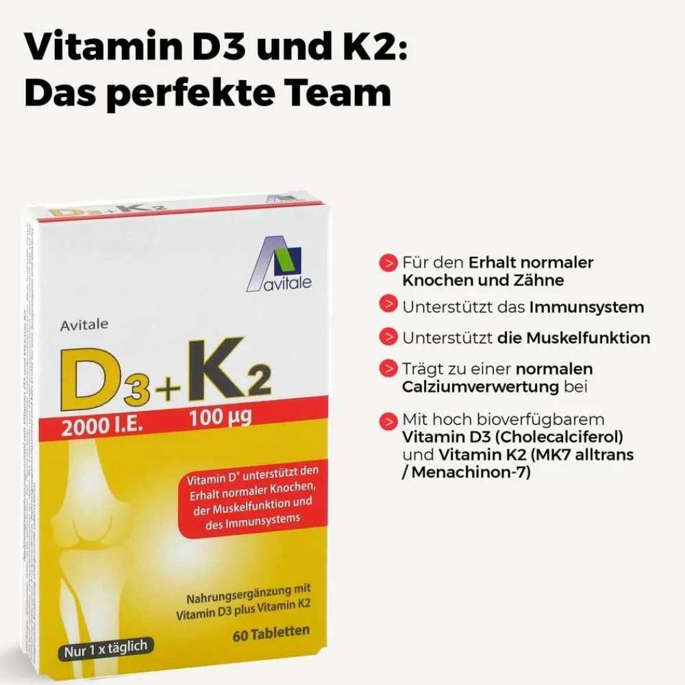 Vitamin D3+K2 Tabletten für Knochen, Muskeln und Immunsystem|Avitale Hot