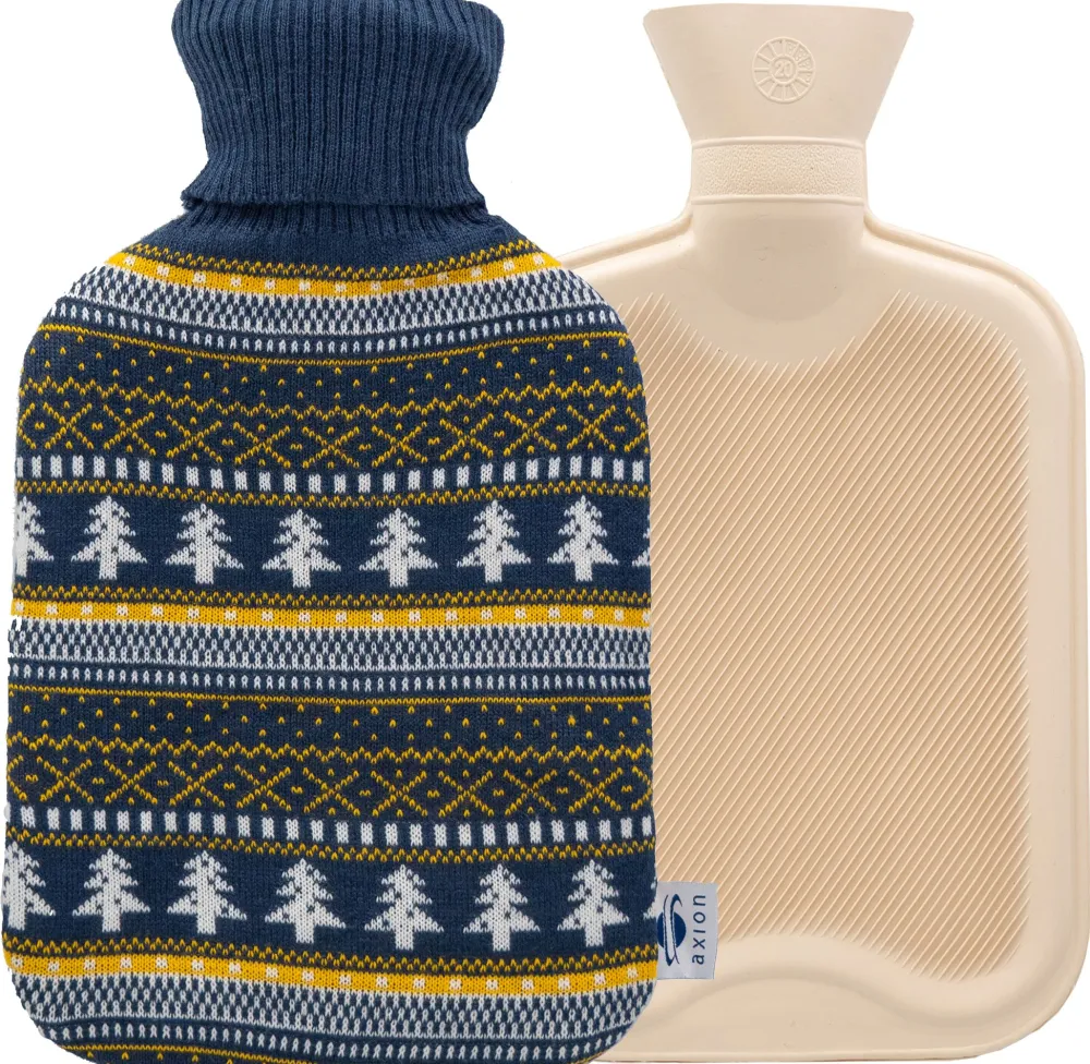 ® Wärmflasche mit Bezug – blau-gelb | einseitig Kiefer | Strick (33 x 20 cm)|axion Outlet